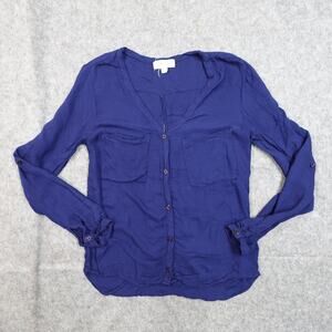 Cloth and Stone Top‎ Womens Small VNeck Button Front Blue Split Back Long Sleeve